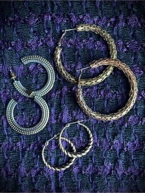 3 Pairs Vintage Hoop Earrings Silver Bronze Gold Toned